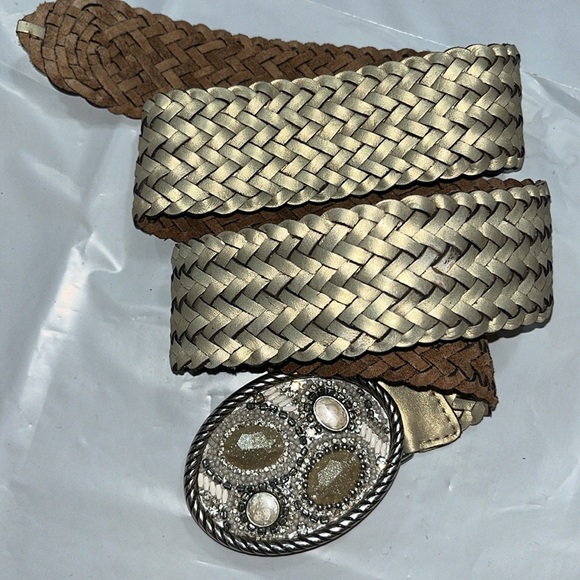 Chicos BLING beige white gem stone WIDE hook BELT beaded OVAL BUCKLE braided 41” - Picture 9 of 13